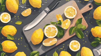 Cutting board knife and many fresh lemons on grey tab - obrazy, fototapety, plakaty