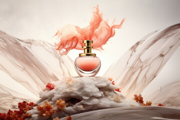 Perfume bottle in light smoke on isolated background