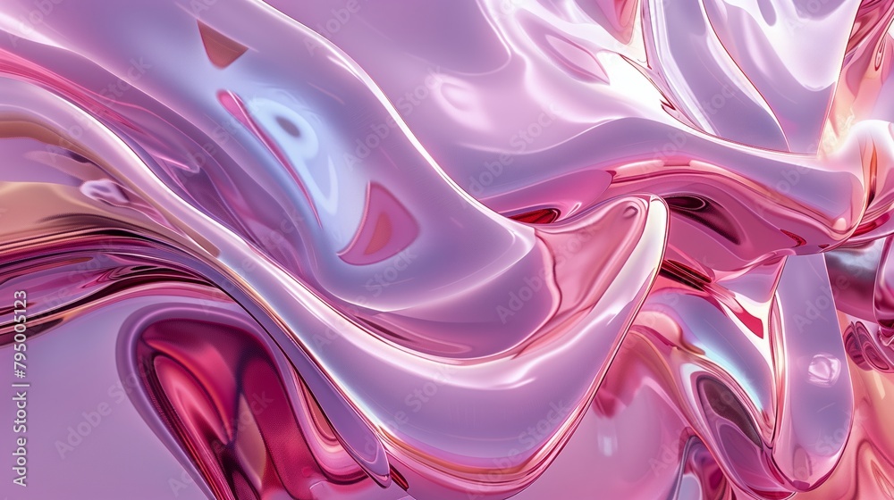 Wall mural reflective pink fluid art with wavy metallic texture. 3d renderings of fluid shapes with pink metall