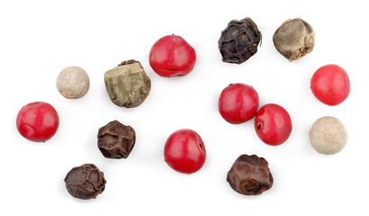 Mixture of peppers isolated on a white background, top view