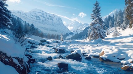 A winter scene of Krimmler Ache a flowing mountain stream
