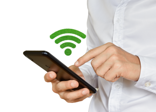 Businessman holding smartphone with wifi icon, Isolated on white transparent background. PNG File Format - Powered by Adobe