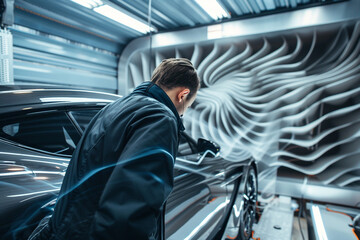 Detailed view of an automotive engineer testing a car's aerodynamics in a wind tunnel, focus on airflow patterns - obrazy, fototapety, plakaty