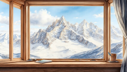 Watercolor Hand Drawing of Alpine View through Window Aperture for Mountaineers and Ski Enthusiasts in Relax Area