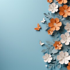 Paper Floral Art with Butterflies on Blue Background