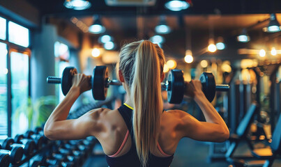Female model, slim, athletic, lifting dumbbells in the gym. With a strong, agile posture. - obrazy, fototapety, plakaty