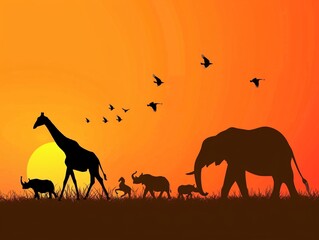 a group of animals and birds in the sunset