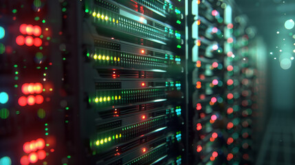 Data Center Dynamics: Network Server Room with Blinking Lights - 795008395