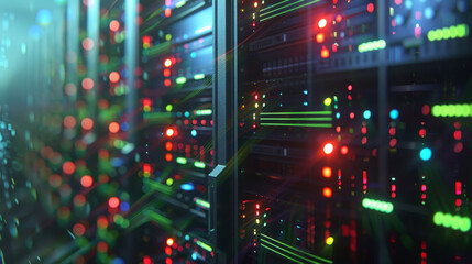 Data Center Dynamics: Network Server Room with Blinking Lights - 795008519