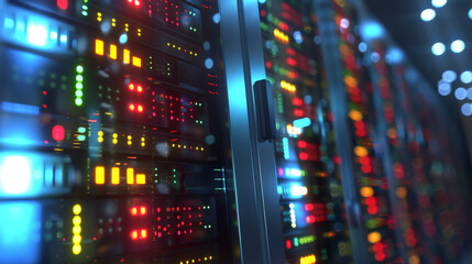 Data Center Dynamics: Network Server Room with Blinking Lights - 795008551