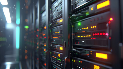 Data Center Dynamics: Network Server Room with Blinking Lights - 795008588