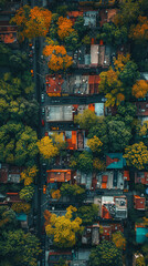 Aerial View of Autumn Colors in a Dense Urban Landscape