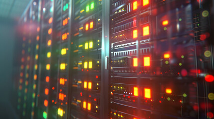 Data Center Dynamics: Network Server Room with Blinking Lights - 795008903
