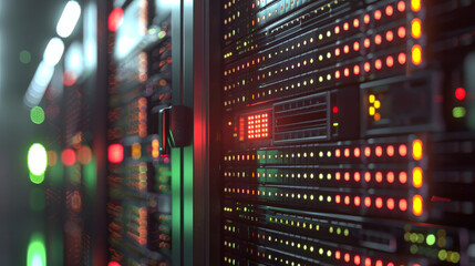 Data Center Dynamics: Network Server Room with Blinking Lights - 795008924