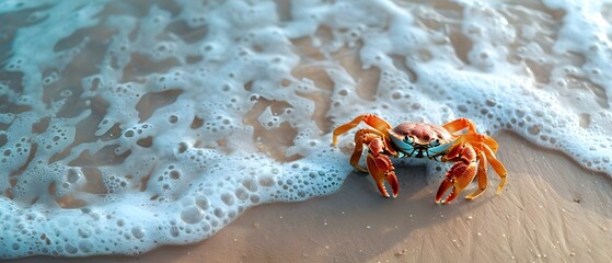 Capturing the Serenity: Waves Crashing on Sandy Beach as Small Crab Scuttles By, Passerby Snapping Photo. Concept Beach Photography, Nature Scenes, Wildlife Encounters, Candid Moments - obrazy, fototapety, plakaty