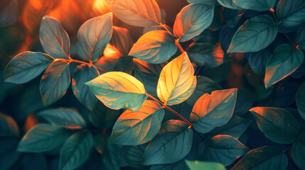Thermal Vision: Warm hues on leaves. A mesmerising image of autumn leaves of alternating warm hues, lit as if through a thermal lens, showing the warmth of nature in an artistic interplay of colours. - Powered by Adobe