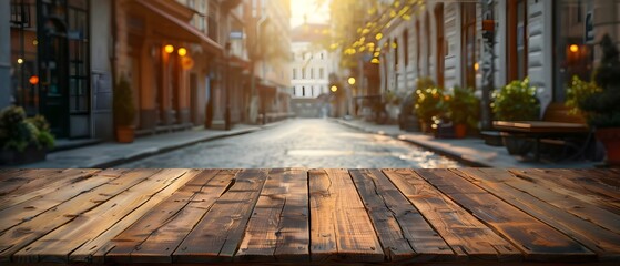 Urban European Street Scene with Empty Wooden Table in the Corner. Concept Street Photography, European Architecture, Outdoor Dining, Wooden Table Decor, Urban Landscape