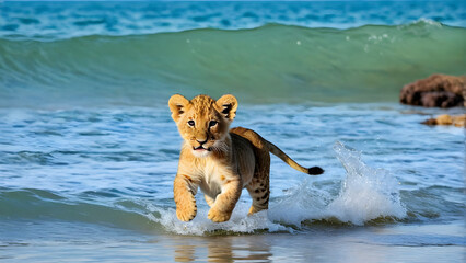 Adorable baby lions are playing at the beautiful beach, AI generated