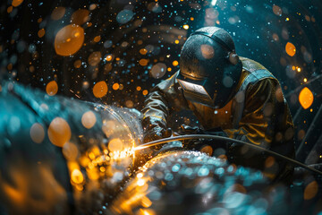 Detailed view of an underwater welder repairing a pipeline, surrounded by bubbles and underwater lighting 