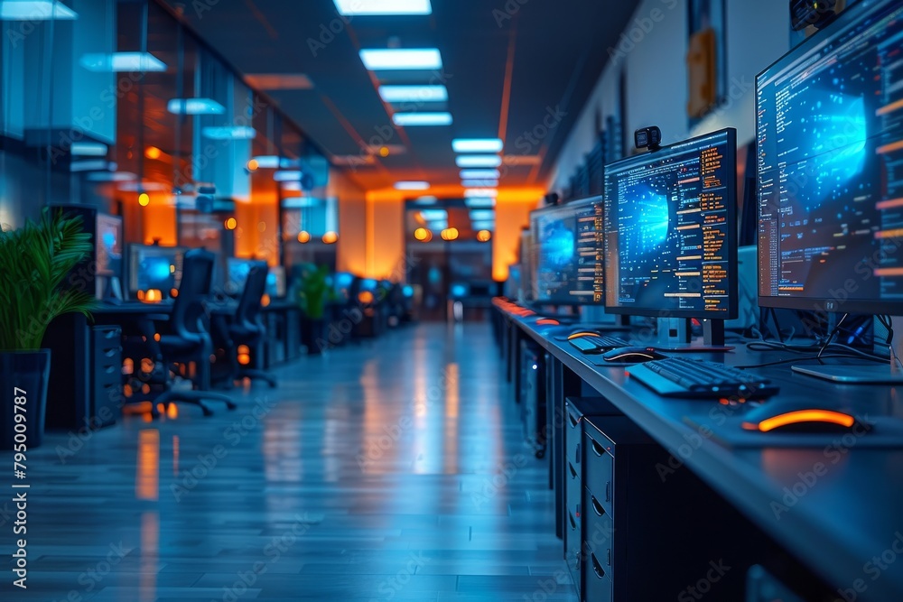 Poster illuminated server room with blue lights and rows of high-tech computer screens displaying sophistic