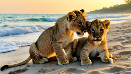 Adorable baby lions are playing at the beautiful beach, AI generated