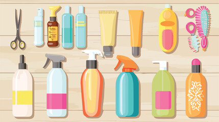 Different bottles of hair sprays brush scissors