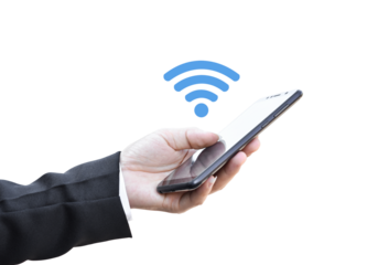 Businessman holding smartphone with wifi connect, Isolated on white transparent background.