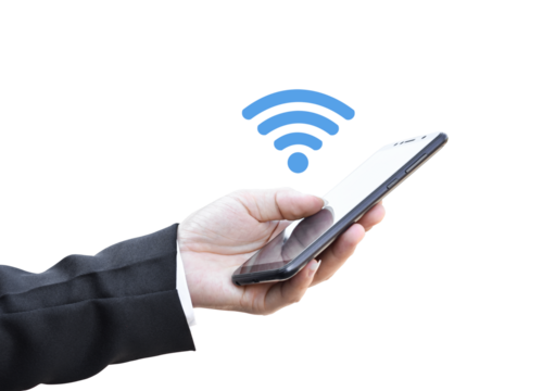 Businessman holding smartphone with wifi connect, Isolated on white transparent background. - Powered by Adobe