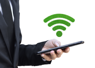 Businessman holding smartphone with wifi icon, Isolated on white transparent background. PNG File Format