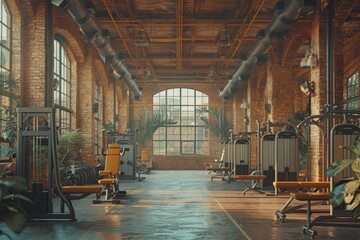 Fototapeta premium A spacious vintage gym furnished with modern training equipment, reflecting a fusion of past and present