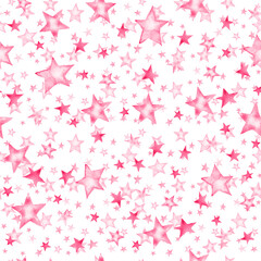 Seamless pattern of pink stars in layers on a white background. Watercolor drawing.
