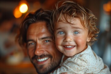 Loving father holds child with blue eyes and curly hair, sharing a laugh