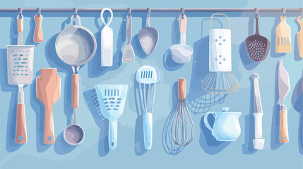 Different kitchen utensils on blue background Vector