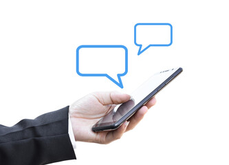 Businessman holding smartphone with speech bubble, Isolated on white transparent background. PNG...