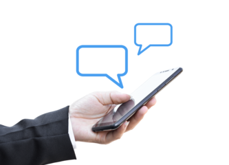 Businessman holding smartphone with speech bubble, Isolated on white transparent background. PNG File Format