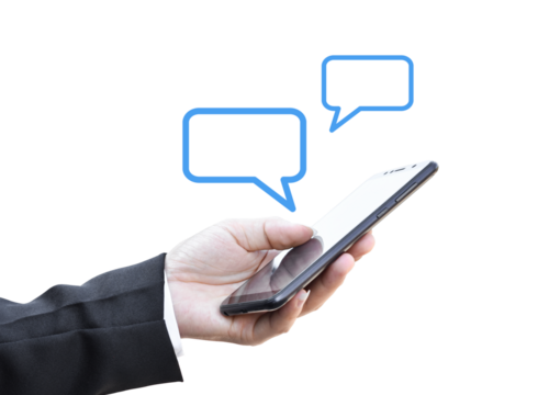 Businessman holding smartphone with speech bubble, Isolated on white transparent background. PNG File Format