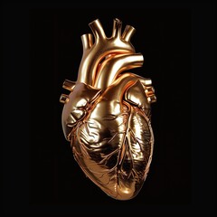 Golden heart sculpture. A realistic model of a human heart in gold, reflecting luxury and complexity, perfect for artistic and medical representations.