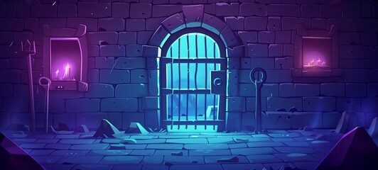 Medieval dungeon. A cartoon illustration of a stone-walled castle dungeon with torches and a barred gate, perfect for game backgrounds.