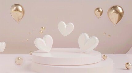 Valentine's display. Cream white podium with floating heart shapes and golden balls, a romantic setup for Valentine's Day promotions.