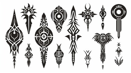 Neo-tribal sigils. A set of intricate black and white cyber sigil designs, ideal for tattoos or symbolic graphic elements.