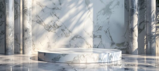 Modern marble podium. An elegant white marble podium with sunlight casting soft shadows, ideal for product displays and contemporary presentations.