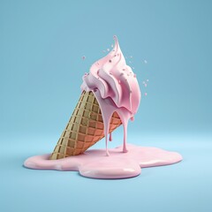 Melting moment. Overturned cone with pink ice cream melting onto a blue background, perfect for summer and dessert themes.