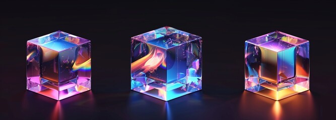 Holographic cubes set. Three-dimensional glass cubes with vibrant refraction effects on a dark background, suitable for abstract and modern designs.