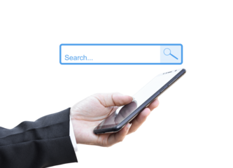 Search Engine Optimization. Businessman holding smartphone with Searching for information, Isolated on white transparent background. PNG File Format