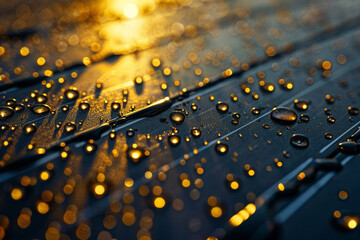 Dew on Solar Panel at Dawn Early morning dew on a solar panel, with a close-up on the water droplets and panel texturer