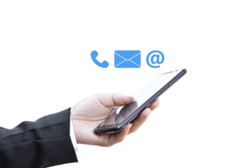 CONTACT US. Businessman holding smartphone with ( mail,phone,email ) icon, Isolated on white transparent background. PNG File Format