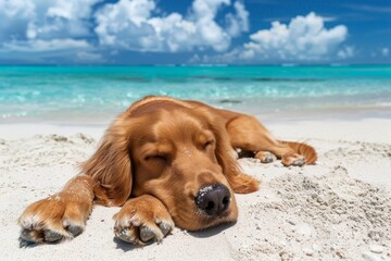 Pedigree puppy relaxing on sandy tropical beach with ocean view during summer vacation