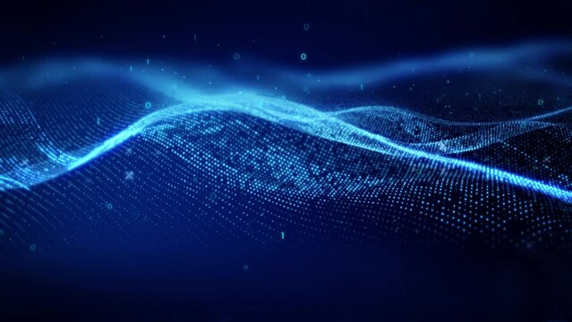 abstract motion wave blue dots with glowing defocused particles background. Futuristic intelligence digital cyberspace matrix binary on blue video effect 4k.
