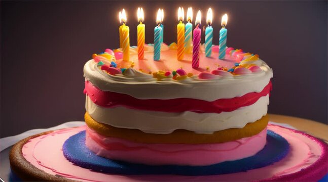 Birthday cake adorned with candles, surrounded by festive decorations and sweet treats, symbolizing joyous celebrations