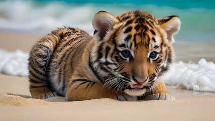 Adorable baby tiger at the beautiful beach, AI generated